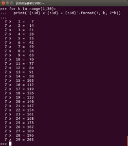 Python ciclo for con marcadores de posicion para una tabla de multiplicar