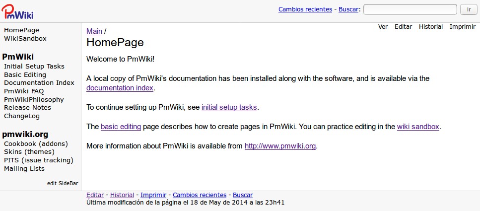 PmWiki página principal por defecto -idioma español establecido-