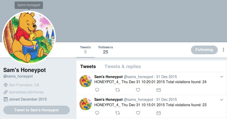 Servidor panal de Sam (más bien un tarro de miel) cuenta Twitter https://twitter.com/sams_honeypot