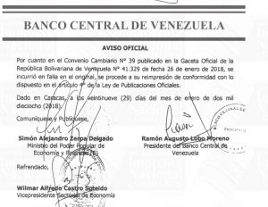 Banco Central de Venezuela se reimprime por error material el Convenio Cambiario N° 39