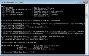 Línea de comandos típica de Log Parser