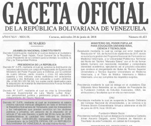 Sumario de Gaceta Oficial N° 41.423 del miércoles 20 de junio de 2018