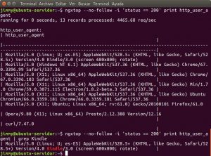 ngxtop --no-follow -i 'status == 200' print http_user_agent | grep Kindle
