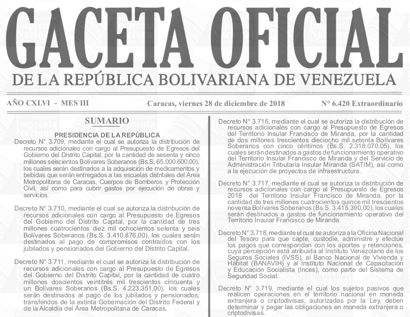 Sumario de la Gaceta Oficial Extraordinario 6.420