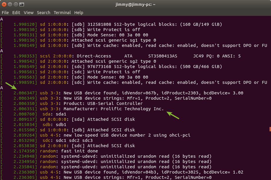 dmesg (detectando convertidor USB a puerto serial)