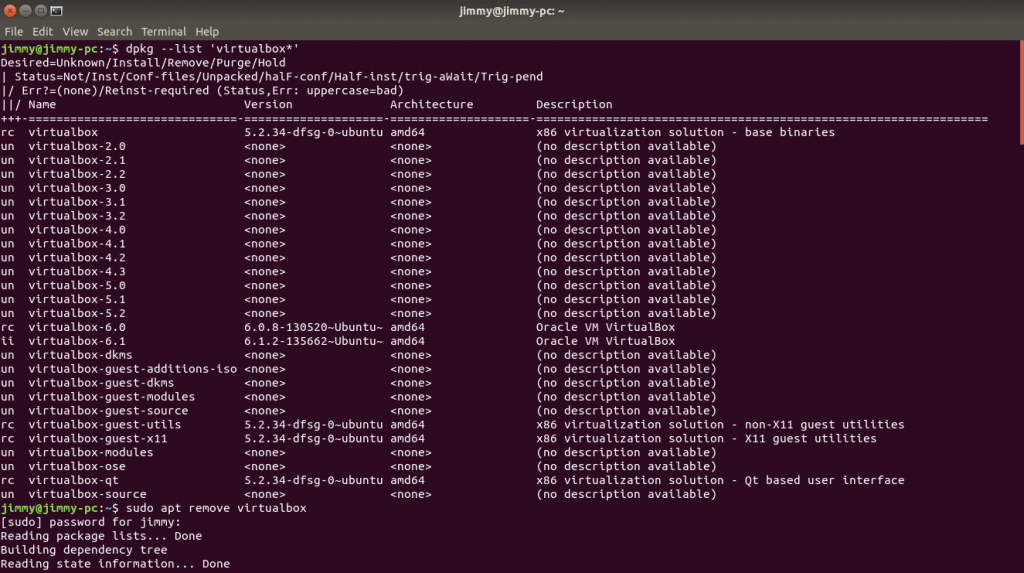 dpkg --list 'virtualbox*'