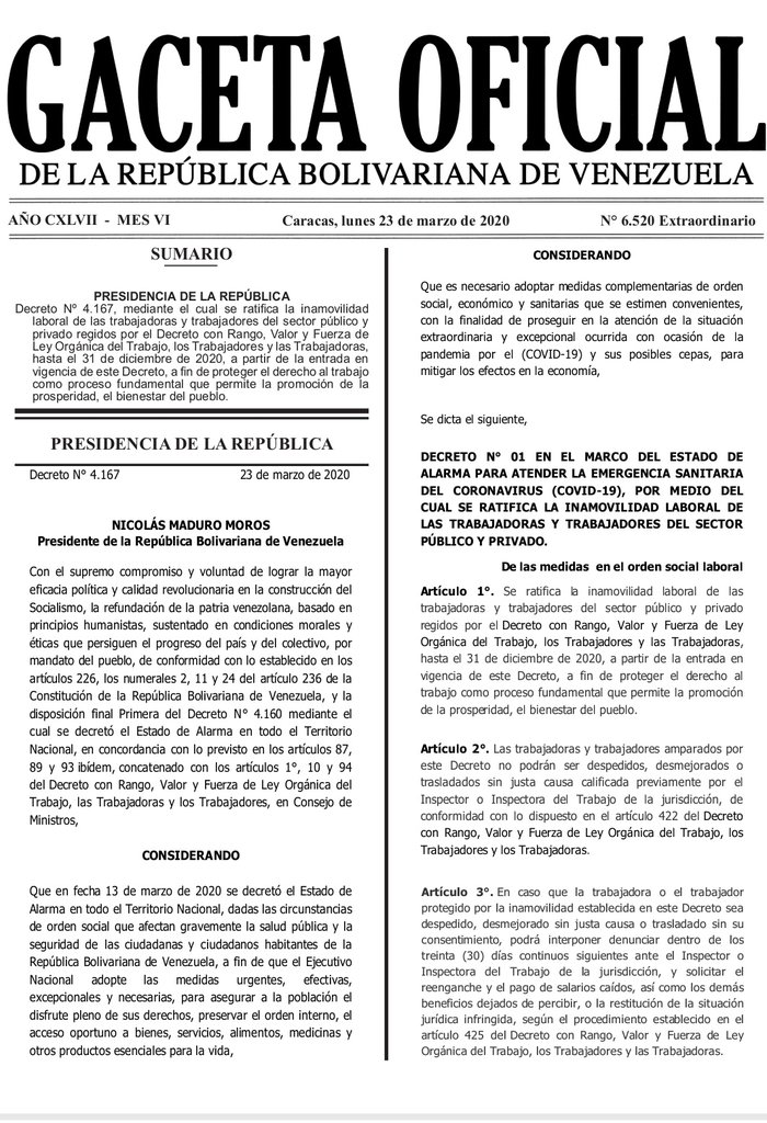 Gaceta Oficial Extraordinario n° 6520 Decreto n° 4167 ratificación de inamobilidad laboral hoja 1