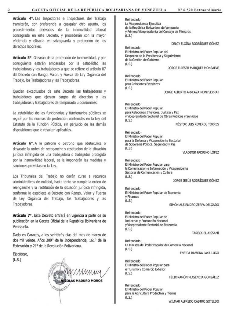 Gaceta Oficial Extraordinario n° 6520 Decreto n° 4167 ratificación de inamobilidad laboral hoja 2