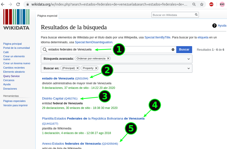 Búsqueda en Wikidata de los estados federales de Venezuela