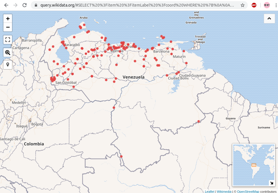 Consulta a Wikidata de ciudades en Venezuela que tengan coordenadas establecidas