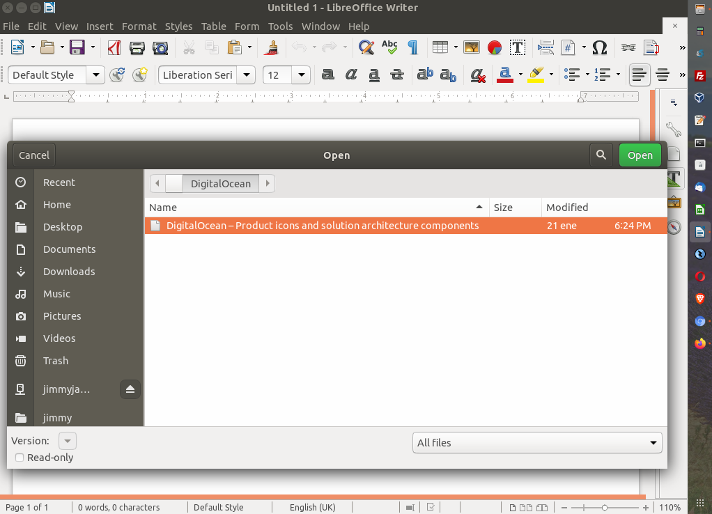 LibreOffice Write abriendo documento almacenado en Gogole Drive por medio de cuentas vinculadas en Ubuntu