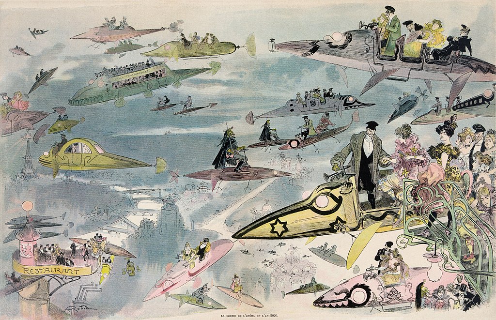«La Sortie de l'opéra en l'an 2000»: así imaginaban en 1902 nuestra vida en el pasado año 2000 ( https://commons.wikimedia.org/wiki/File:Sortie_de_l%27op%C3%A9ra_en_l%27an_2000-2.jpg )