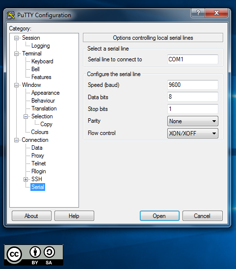 PuTTY preferences for serial port