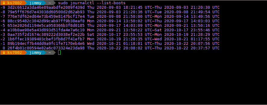 sudo journalctl --list-boots
