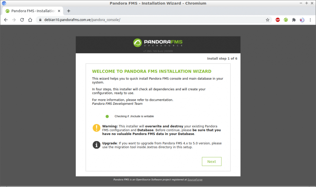 Asistente de instalación Pandora FMS 749 en Debian 10 paso 1