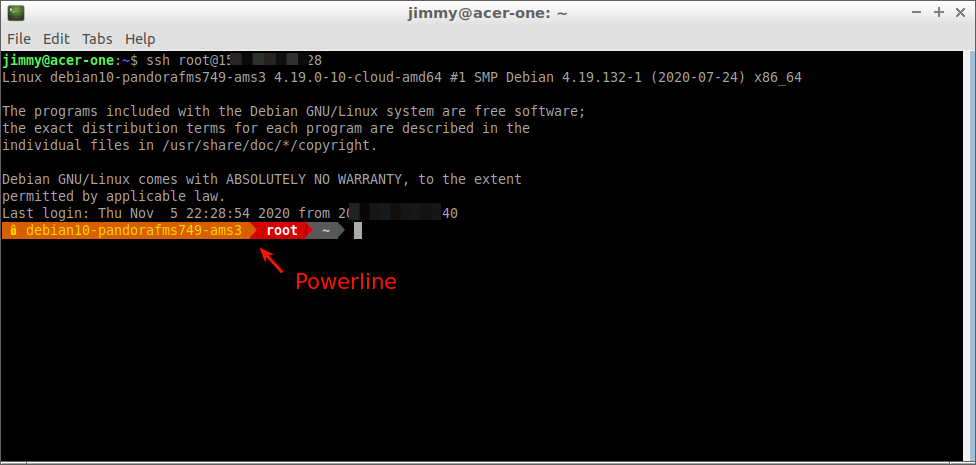 Conexión como usuario raíz y uso del indicador de comando powerline ( https://colaboratorio.net/jimmy/terminal/2019/como-instalar-powerline-en-ubuntu/ )