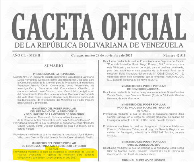 Sumario de la Gaceta Oficial N° 42.515 del 29 de Noviembre de 2022